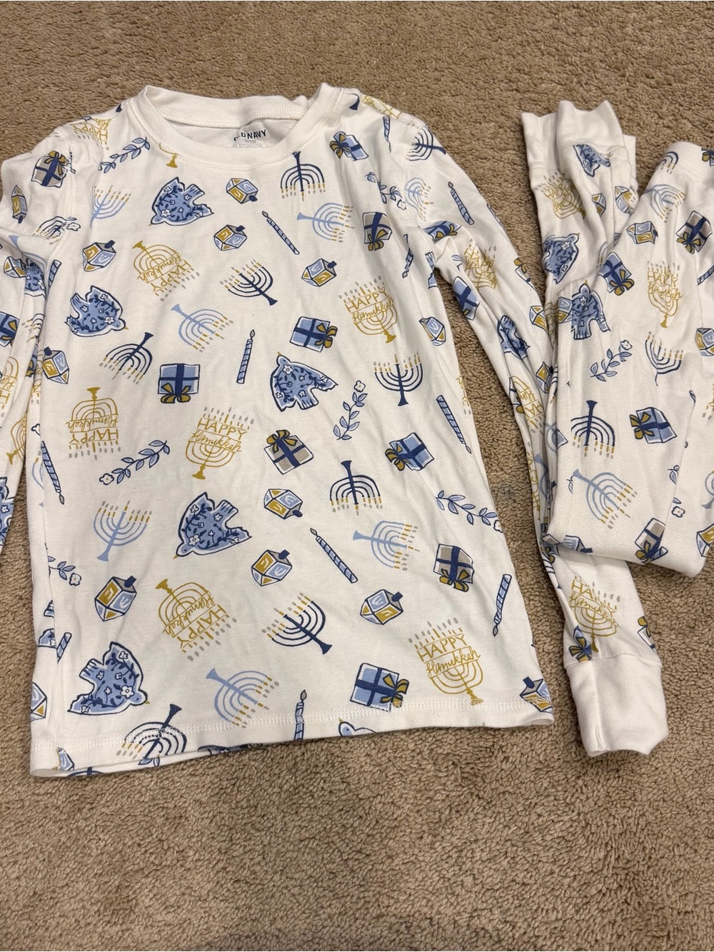 Old Navy White Kids Pajama Set with Blue & Gold Hanukkah Prints
